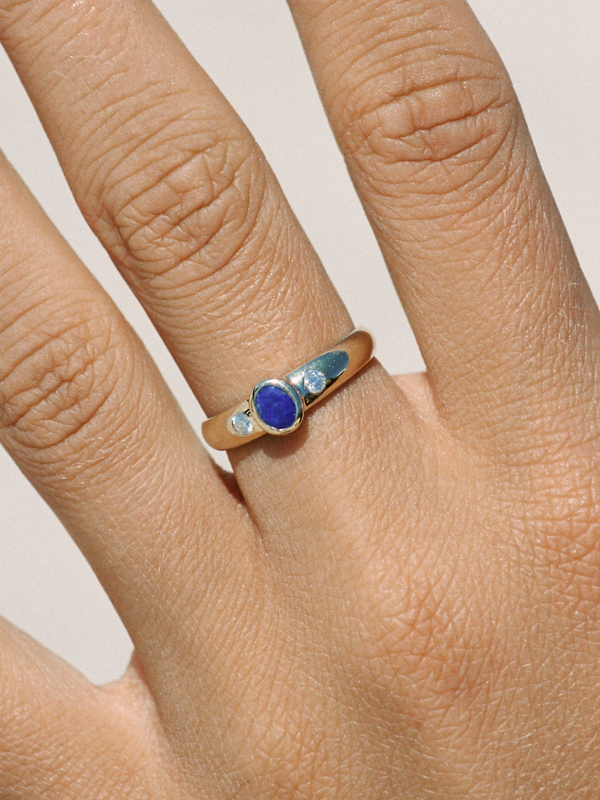 Solid Gold Oval Lapis and Moissanite Ring