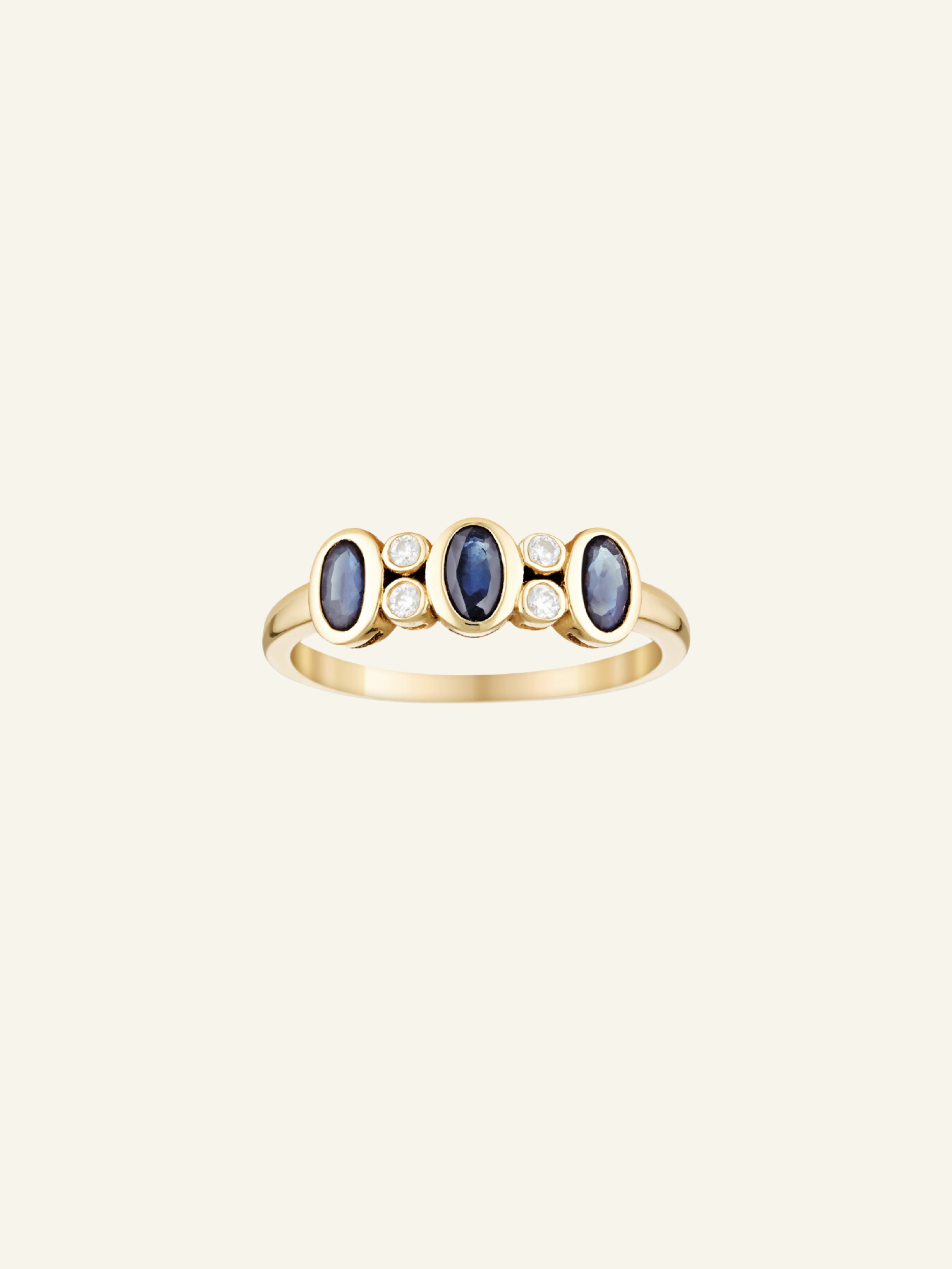 Solid Gold Three Sapphire and Moissanite Ring