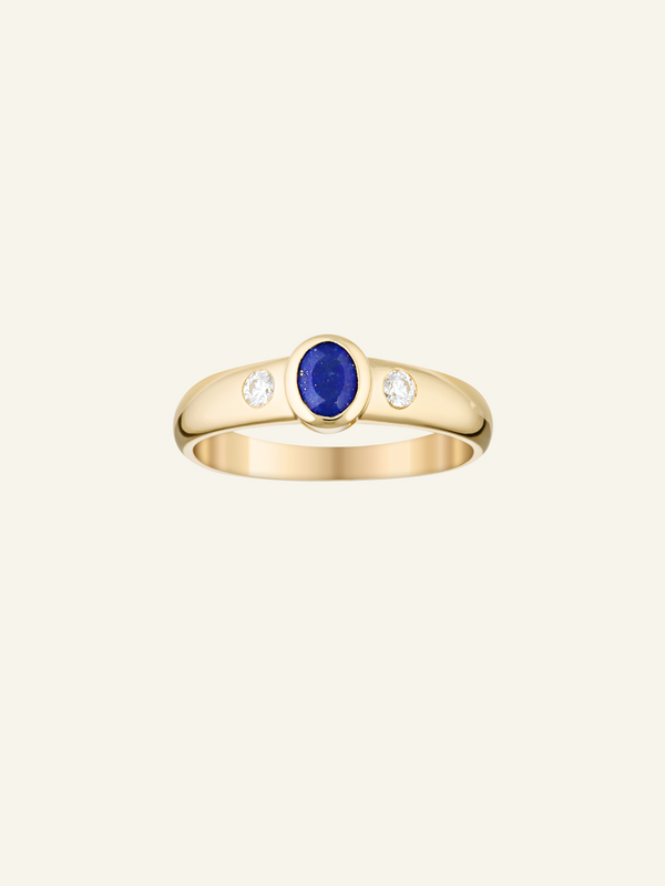 Solid Gold Oval Lapis and Moissanite Ring