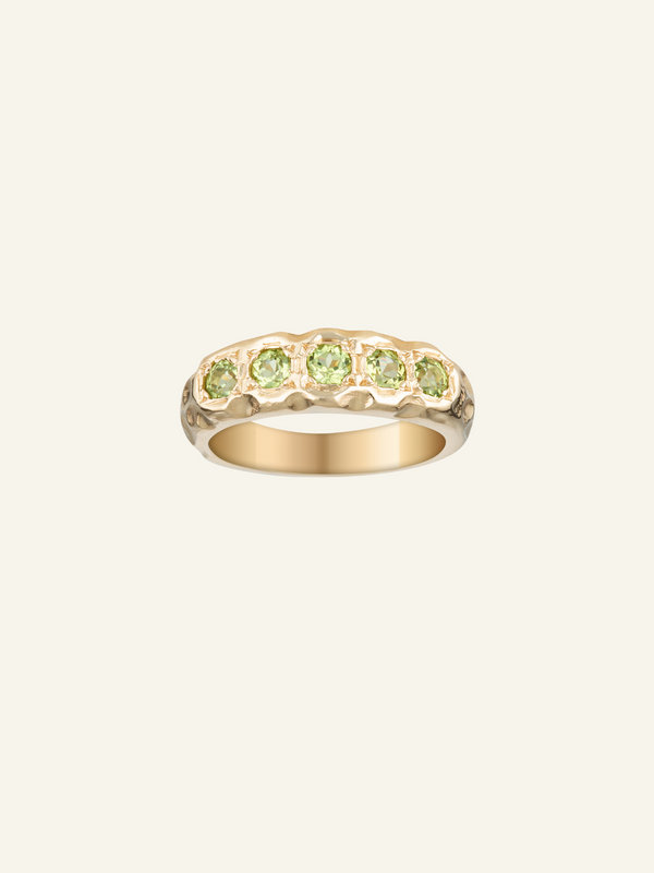 Solid Gold Five Peridot Textured Ring