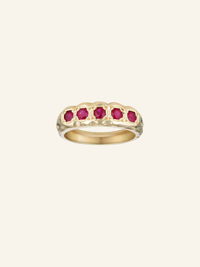 Solid Gold Five Ruby Textured Ring